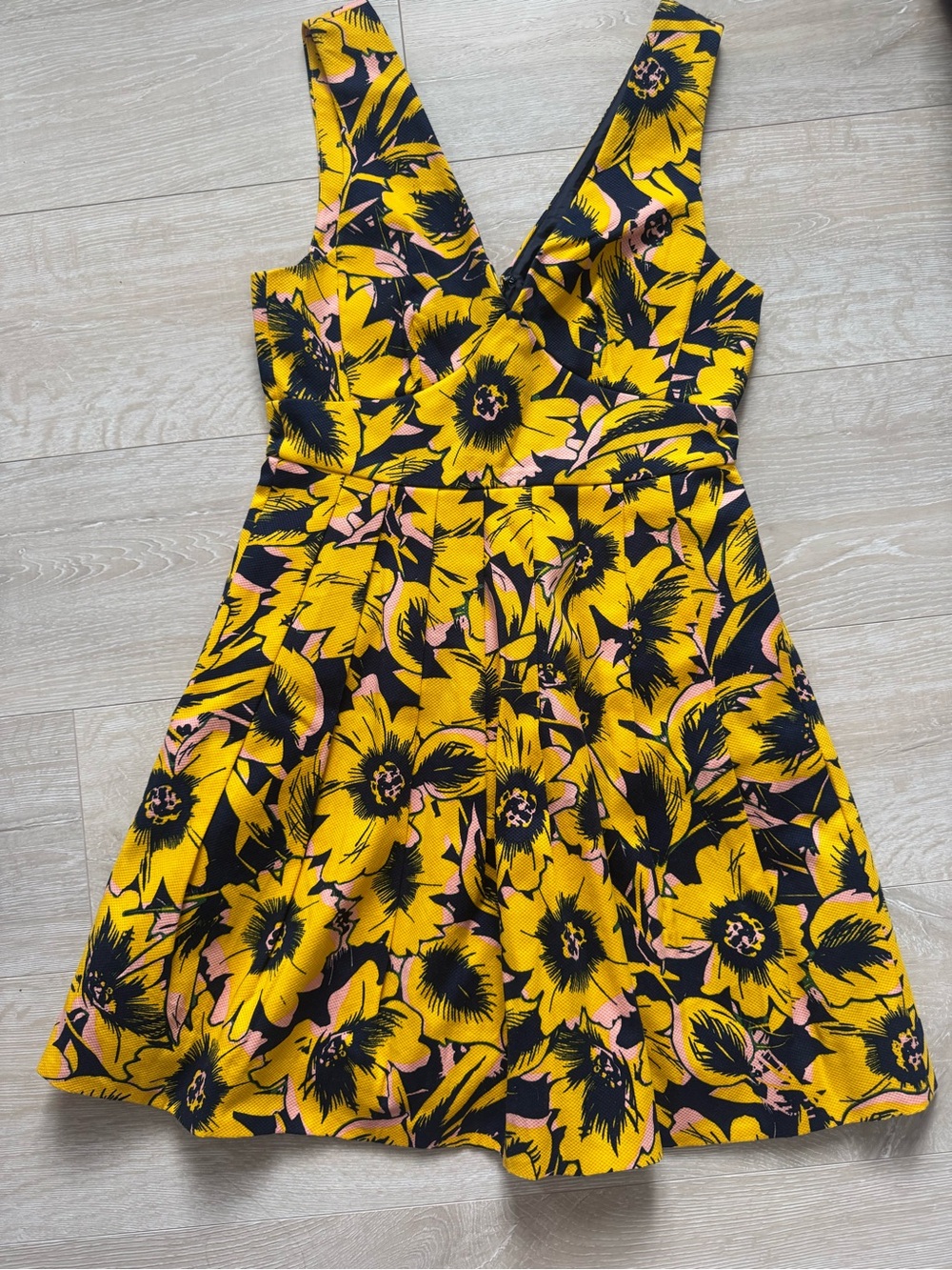J. Crew Yellow Floral V-Neck Sleeveless Mini Dress with Pink Accents
